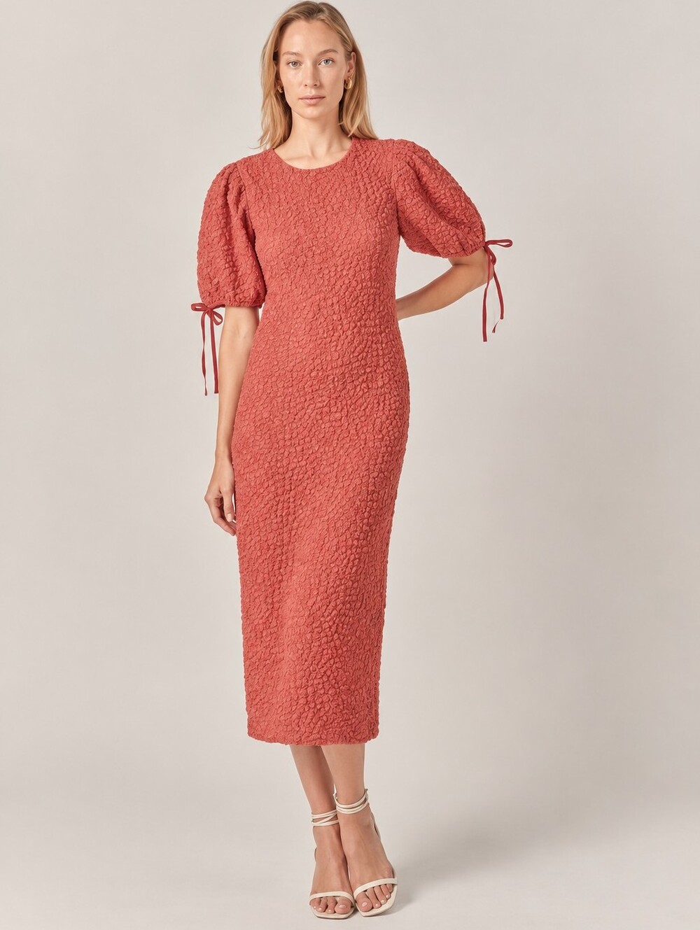 English Factory Smocked Puff Sleeve Midi Dress Coral Pink Size Medium
